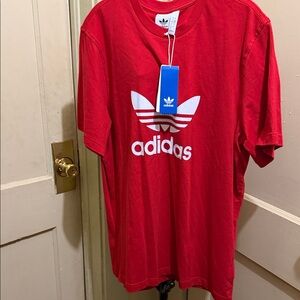 Adidas Men's Red T-Shirt with White Trefoil Logo